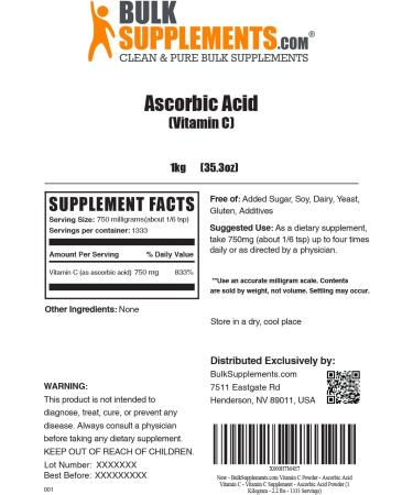 BulkSupplements Vitamin C Powder - High Dose Ascorbic Acid Supplement - 1kg (2.2 lbs) Pure Vitamin C - Gluten-Free Formula - Buy Online on GoSupps.com