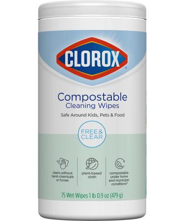 Clorox Compostable Cleaning Wipes, All Purpose Wipes, Free & Clear, 75 Count (Pack of 1)