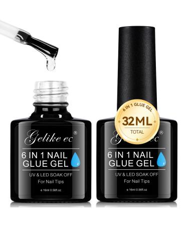 Gelike ec 6 in 1 Gel Nail Glue for Clear Nail Tips Extra Strong Duo 2PCS 16ml Brush On Strong Nail Glue for Broken Nails Transparente False Nails UV Gel Glue for Nails-MUST DRY UNDER NAIL LAMP C-Clear Nail Glue 32ml