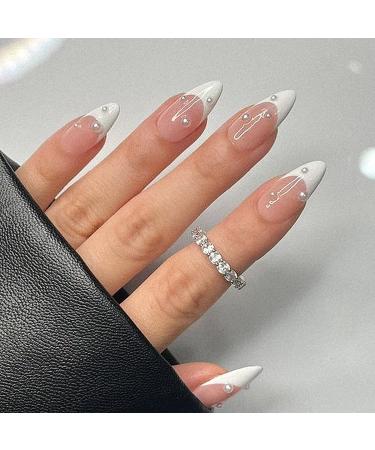 Canvalite French Tip Press On Nails Medium - Pearl Almond Short Glue On Nails - 24 Nail Kit with Adhesive Tabs - Reusable Fake Nails - White French with Pearl - Buy Online on GoSupps.com