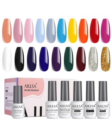 AILLSA Gel Nail Polish Set, 24 Pcs Candy Colors Spring Summer Gel Nail Polish Kit with Glossy/Matte Top and Base Coat, Rainbow Orange Pink Glitter Soak Off UV Gel Polish Set, for Women Girls Mother's Day Gift Set Summer Go…