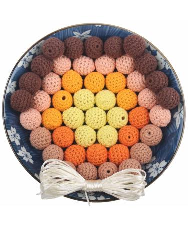 Crochet Teething Beads 50PCS 20MM Covered Thread Decoration Baby Carriage Bead Round Jewelry Kit Khaki and Coffee Series with Cord and Needle