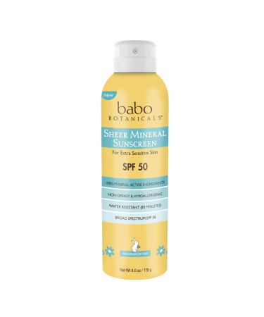 Babo Botanicals Sheer Mineral Sunscreen Spray SPF 50 with 100% Mineral Active Ingredients - for Babies, Kids or Extra Sensitive Skin - Water-Resistant, Vegan & Fragrance-Free - 6 oz, Clear
