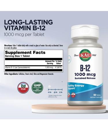 KAL Vitamin B12 1000mcg Sustained Release Supplement - Vegan, Heart & Nerve Support - Buy Online on GoSupps.com
