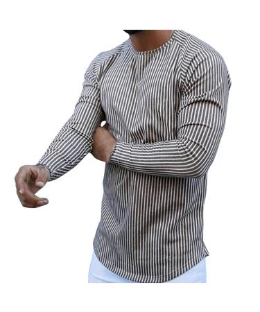 GXLONG Slim Fit Urban Stylish Vertical Striped Premium T-Shirts for Men Casual Hipster Long Sleeve Crewneck Pullover Medium Coffee