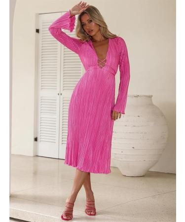 Women's Party Dress Deep V Neck Sexy with Belt Flare Long Sleeve Long Dresses High Waist Elegant XL Rose Red - Buy Online on GoSupps.com