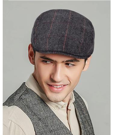 2 Pack Men's Herringbone Tweed Wool Blend Newsboy Hats - Classic Flat Cap Ivy Cabbie Driving Hat (Black/Grey) - Buy Online on GoSupps.com