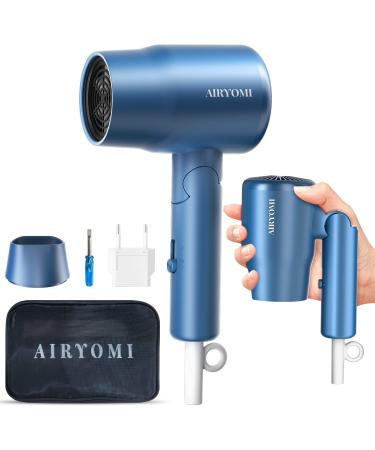 AIRYOMI Portable Travel Hair Dryer Dual Voltage, Lightweight Small Blow Dryer with EU Plug, 1875W Compact Hairdryer with Folding Handle, Concentrator Attachment Hair Dryer for Women Men (Blue)