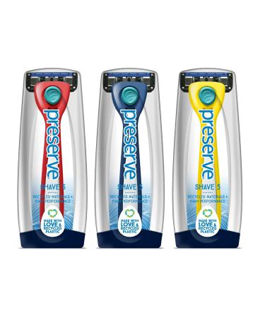 Preserve Shave 5 Five Blade Refillable Razor, Made from Recycled Materials, Assorted Colors: Red/Blue/Yellow (Color May Vary) Color May Vary: Red/Blue/Yellow