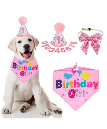 ADOGGYGO Dog Birthday Party Supplies, Boy Girl Dog Birthday Hat with Numbers Dog Puppy Birthday Bandana Hat Bow Set (Pink)