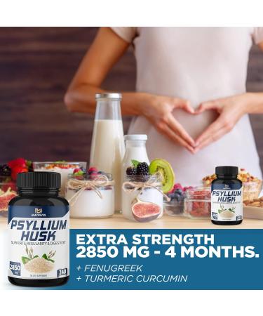 Premium Psyllium Husk Capsules 2850mg - 4 Months Supply - Fenugreek, Turmeric, Ginger - Digestive Support - 240 Capsules - Buy Online on GoSupps.com