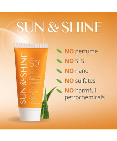 SUN & SHINE Mineral Sunscreen Lotion SPF50 1.7 Oz - Broad Spectrum UVA UVB Protection for Face & Neck - Zinc Oxide Sunburn Cream for Sensitive Skin - Buy Online on GoSupps.com