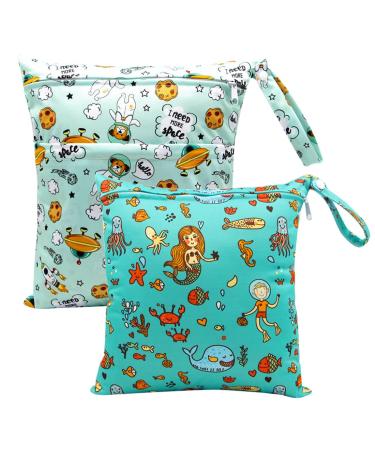 HOTLIKE Wet Bag Waterproof Nappy Bag 2Pcs Reusable Cloth Diaper Bags Wet Dry Bag Organiser Bag Produce Bags with Double Zippers Handle Storage for Daycare Swimsuits Travel Beach Gym Bag (Green)