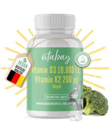 Vitabay vitamin D3 10000 I.E. + K2 200 MCG Depot |Premium: 99.99% all trans |Highly dosed & bioavailable |180 vegan tablets |Laboratory test & made from high -quality raw materials