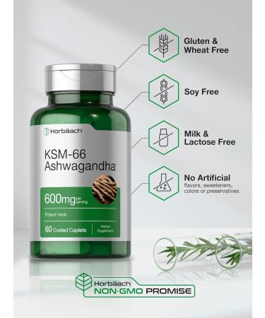Horbaach KSM-66 Ashwagandha 600mg with L-Theanine - Vegan Non-GMO Gluten Free | 60 Coated Caplets - Best Complex Supplement for Stress & Wellness - Buy Online on GoSupps.com