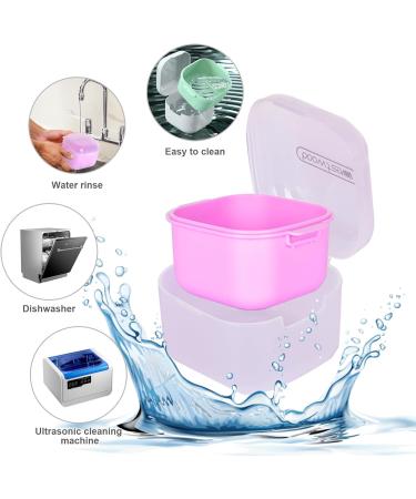 DIDATOOL Denture Cup Denture Bath for Soaking Dentures Denture Case with Lid Easy to Carry and Clean Denture Case with Removable Rinse Basket and Finger Toothbrush (Square Transparent Purple) Square Transparent Purple - Buy Online on GoSupps.com