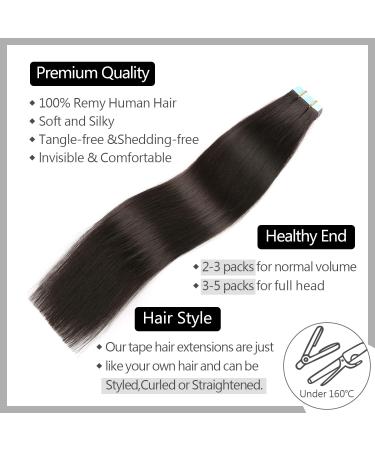 Sunya 24 Black Tape in Hair Extensions - 100% Human Hair Seamless Skin Weft, 50g (20pcs) - #1B Natural Black - Buy Online on GoSupps.com