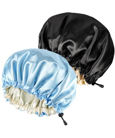 Ranphykx 2PCS Satin Sleep Cap Adjustable Double-Sided Sleep Bonnet Bonnet Cap for Sleep (1 Black+ 1 Light Blue) M-XL 1 BLACK+ 1 Light Blue