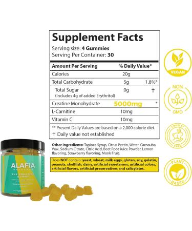 Alafia Naturals Sugar Free Creatine Gummies for Strength & Recovery - 120 ct | Chewable Creatine with L-Carnitine 5g per Serving 30 Servings for Men & Women - Buy Online on GoSupps.com