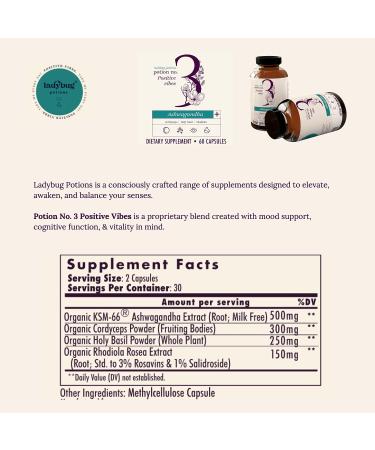 Organic Ladybug Potions Mood Pills - Boost Mood & Energy, Reduce Stress - Ashwagandha, Cordyceps, Holy Basil & Rhodiola - Potion No. 3 - Buy Online on GoSupps.com
