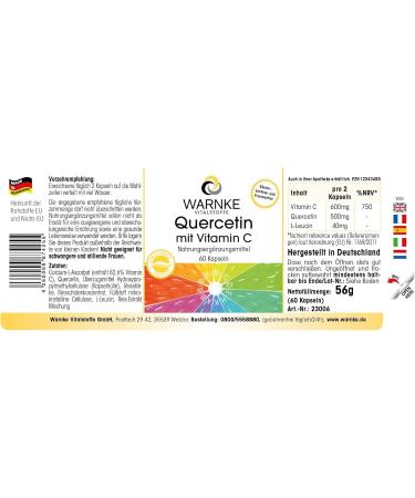 Quercetin 250mg + Vitamin C 300mg Vegan Capsules | 60 Count by Warnke Vitalstoffe - Buy Online on GoSupps.com