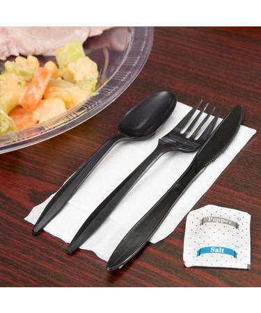 50 Plastic Cutlery Packets - Disposable Utensil Sets with Napkin, Salt & Pepper | Black Plastic Silverware Kits Individually Wrapped - Bulk Pack - Buy Online on GoSupps.com