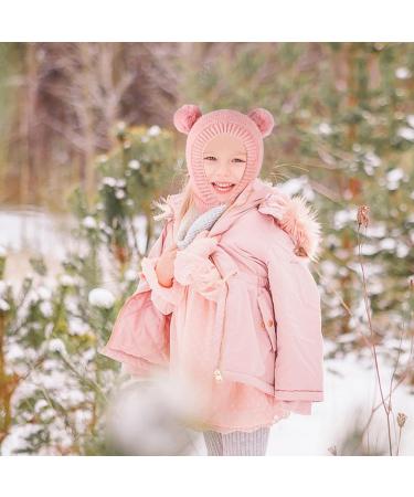 Fadcaer Kids Winter Hat Hooded Scarf Set with Double Pom Pom, Earflap Beanies Caps for 2-5 Years Old Girls Boys - Pink - Buy Online on GoSupps.com