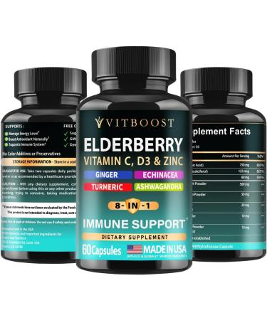 Elderberry Immune Support Supplement 8-in-1 Formula with Echinacea Vitamin C & Zinc Vitamin D 5000 IU Turmeric Ginger Ashwagandha 60 Capsules 60 Capsules (Pack of 1) - Buy Online on GoSupps.com