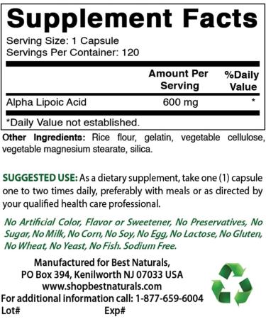 Buy Best Naturals Alpha Lipoic Acid 600 mg - Premium Antioxidant Supplement (120 Count Pack of 1 & 2) - International Shipping Available - Buy Online on GoSupps.com