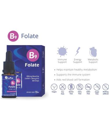CANPREV B9 Folate 200mcg with Vitamin B12 20mcg 15ml Drops Folate Supplement with B Vitamins B12 Complex L-Methylfolate Vitamin B9 B12 Vitamin for Overall Wellness Enhanced Nutrient Absorption - Buy Online on GoSupps.com