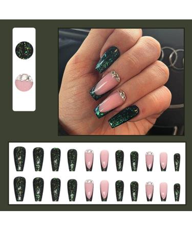 YoYoee Long Coffin Press On French False Nails Galaxy Green Acrylic Full Cover Tips 24PCS - Buy Online on GoSupps.com