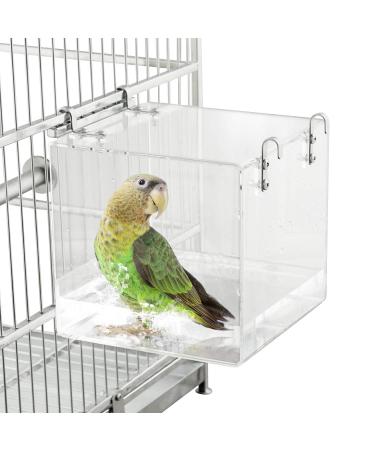 HOSUKKO Bird Bath for Cage No-Leakage Upgrated Acrylic Clear Bird Bathtub Parrot Parakeets Shower No Mess Bird Feeder for Cage Bathtub Box for Small Bird Parrot with 4 Hooks Birdbath-S