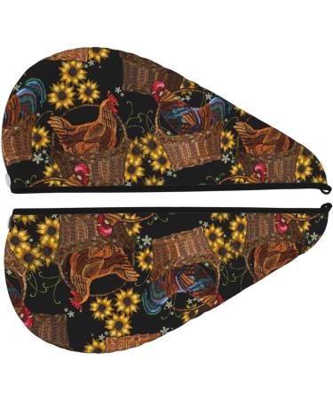 Embroidery Chicken Rooster & Sunflowers Microfiber Hair Towel - Soft Super Absorbent Hair Wrap for Women - Quick Dry Coral Velvet for Long Curly & Thick Hair - Buy Online on GoSupps.com