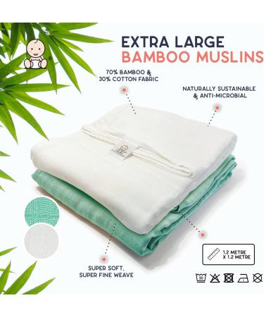 Little Giggles Co. 2-Pack Large Bamboo Muslin Cloths - 120x120cm - Baby Receiving Blankets in White & Turquoise - Newborn Swaddle Wrap & Essentials - Buy Online on GoSupps.com