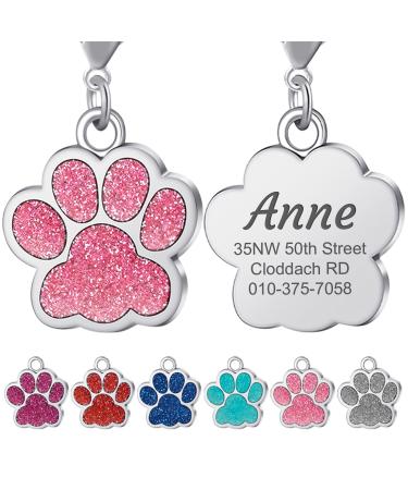 TEAYASON Personalised Dog Tag Dog Tags for Pets Engraved Custom Zinc Alloy Glitter Paw Print Name ID Tag for Dog Cat Pet(29x27mm Pink)