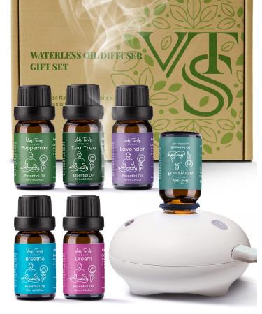 VTS Waterless Oil Diffuser with Essential Oils Included, 100% Nature Pure Organic Essential Oil Set, Top 6 Aromatherapy Oils, Lavender, Tea Tree, Peppermint, Eucalyptus, Breathe, Dream Blends Regular Scent