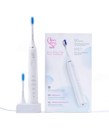 Kate's Secret Care Sonic Toothbrush Rechargeable One Charge Minimum 90 Days Use 5 Modes IPX7 Class Completely Waterproof 2 American Dupont Soft Head Brush - White