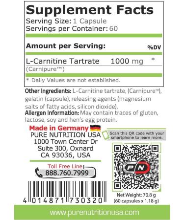 L-Carnitine 1000mg Capsules - Pure Nutrition USA (60 Caps) - Buy Online on GoSupps.com