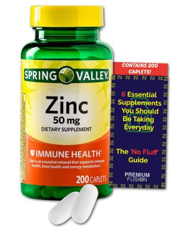 Zinc 50mg Supplement for Adults (Zinc Gluconate) - 200 Caplets.| Over a 6 Months Supply + Vitamin Pouch and Guide to Supplements