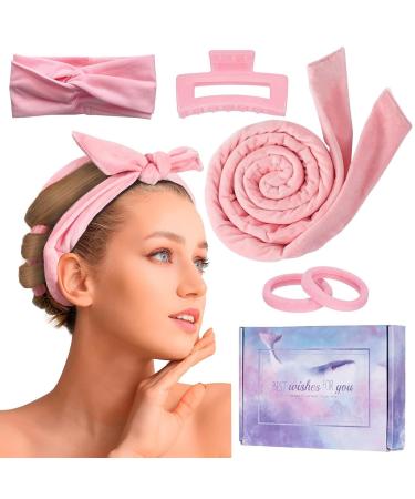 Heatless Curlers Headband Heatless Hair Curler For Sleeping Overnight 63" Extra Long No Heat Wave Hair Curlers With Clip Styling Tools For Women Girls Long Medium Hair (Pink)