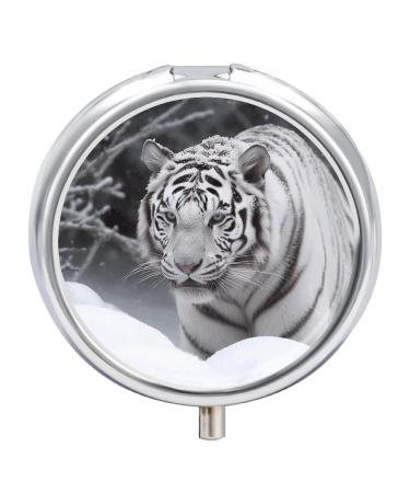 Pill Box Pill Case 3 Compartment Travel Pill Box White Tiger in The Snow Printing Small Pill Box Portable Medicine Pill Case Pill Organizer for Purse & Pocket for Travel Handbag (Round)
