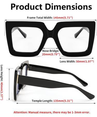 FEISEDY Fashion Oversized Blue Light Glasses for Women - Anti Fatigue Thick Square Computer Eyewear B2381 Black - 50mm - Buy Online on GoSupps.com