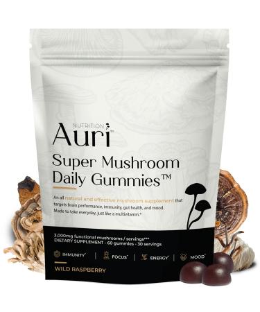 Auri Super Mushroom Daily Gummies - World's First Daily Mushroom Supplement Gummy - 12 Mushroom Blend with Chaga  Lions Mane  Reishi  Cordyceps - Boost Your Immunity  Focus  Energy  Mood - 60 Gummies