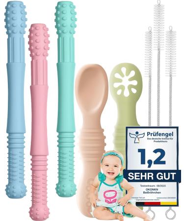 Okonkn bite tube Baby 5 Set Dental Aid Baby 3+2 Esslernl ffel Baby Beißring Baby BPA-Free Silicone Baby Accessories for Boys and Girls from 3 months-A K_5 piece