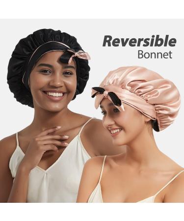 Silk Double Layer Reversible Bonnet for Curly Hair - Pink/Black - Buy Online on GoSupps.com