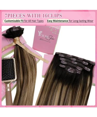 Youngsee Real Hair Clip-In Balayage Extensions - 45cm Remy Ombre Black Brown Blonde (120g 7 PCs) - Buy Online on GoSupps.com