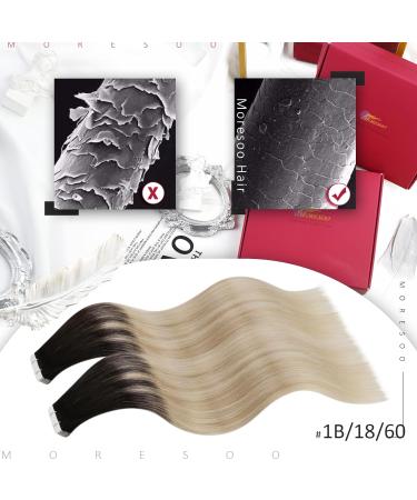 Moresoo Ombre Tape in Human Hair Extensions | Natural Black to Ash Blonde with Platinum Blonde | Remy Real Hair | 14 Inch 20Pcs/50g | #1B/18/60 - Buy Online on GoSupps.com