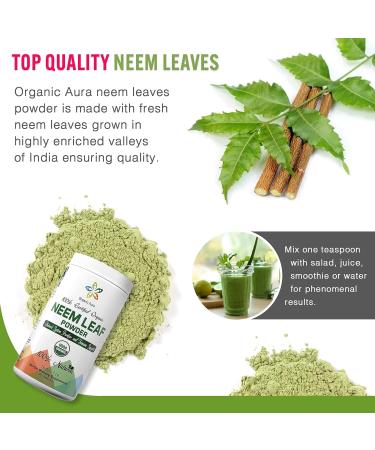 Organic Aura Neem Leaf Powder (Azadirachta Indica). 100% Pure Neem Raw and Green. USDA Certified Organic Neem for Immune Support Skin and Hair. Naturall Source of Antioxidants and Detox. - Buy Online on GoSupps.com