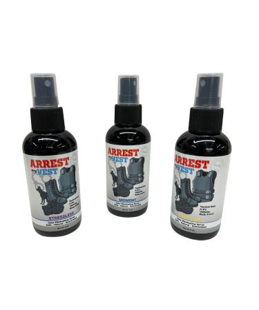 Arrest My Vest Military and Police Grade Odor Eliminating Spray for Body Armor Odor, Tactical Gear. Safe on K9's. Triple Pack of Assorted Fragrances 1 Midnight, 1 Stressless and 1 Night Shift Bottles
