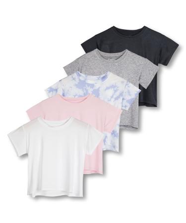5 Pack: Women's Dry Fit Crop Top - Short Sleeve Crew Neck Stretch Athletic Tee (Available in Plus Size) Regular Size Medium Set 6
